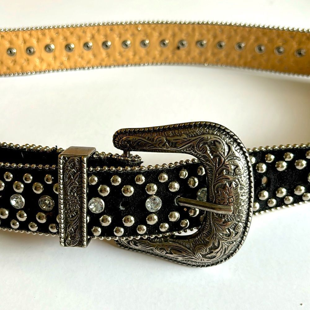 Guess Black Suede Studded Western Style Belt Silver Buckle Size Large